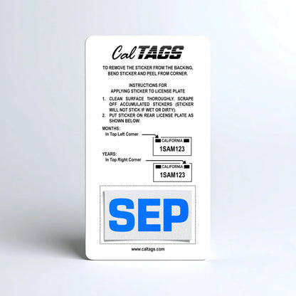 California license plate September month sticker mounted on CalTags display card — Blue Series
