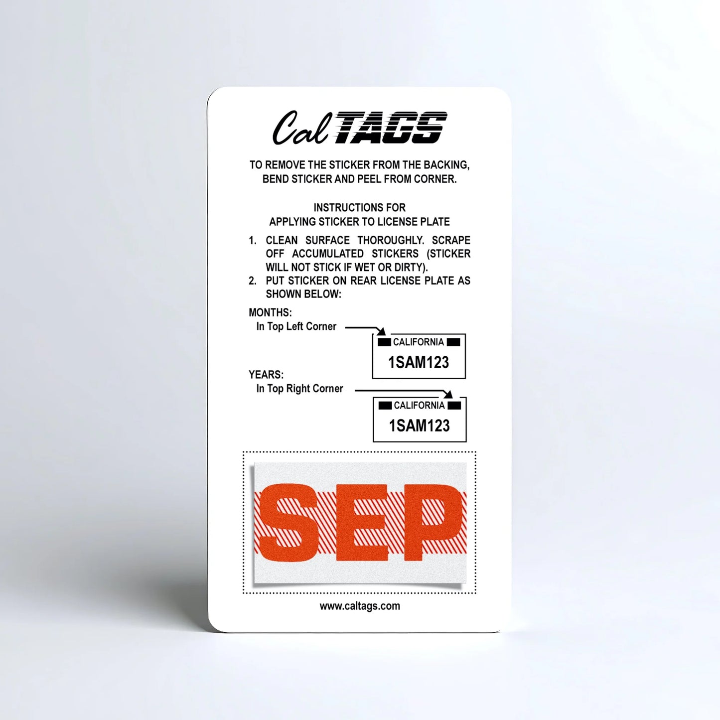 California license plate September month sticker mounted on CalTags display card — Red Series
