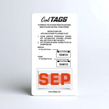 California license plate September month sticker mounted on CalTags display card — Red Series