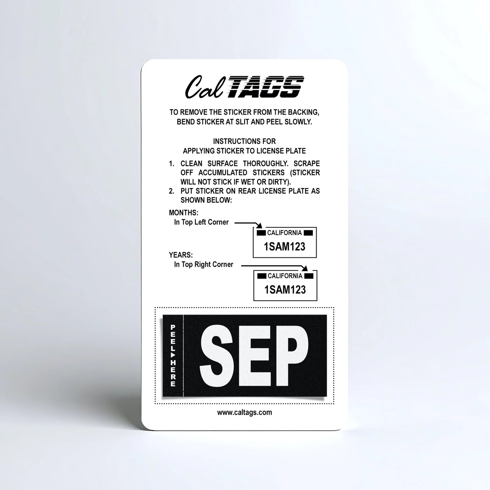 California license plate September month sticker mounted on CalTags display card — Stealth Series