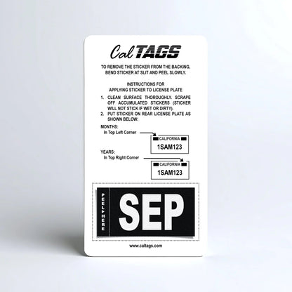 California license plate September month sticker mounted on CalTags display card — Stealth Series